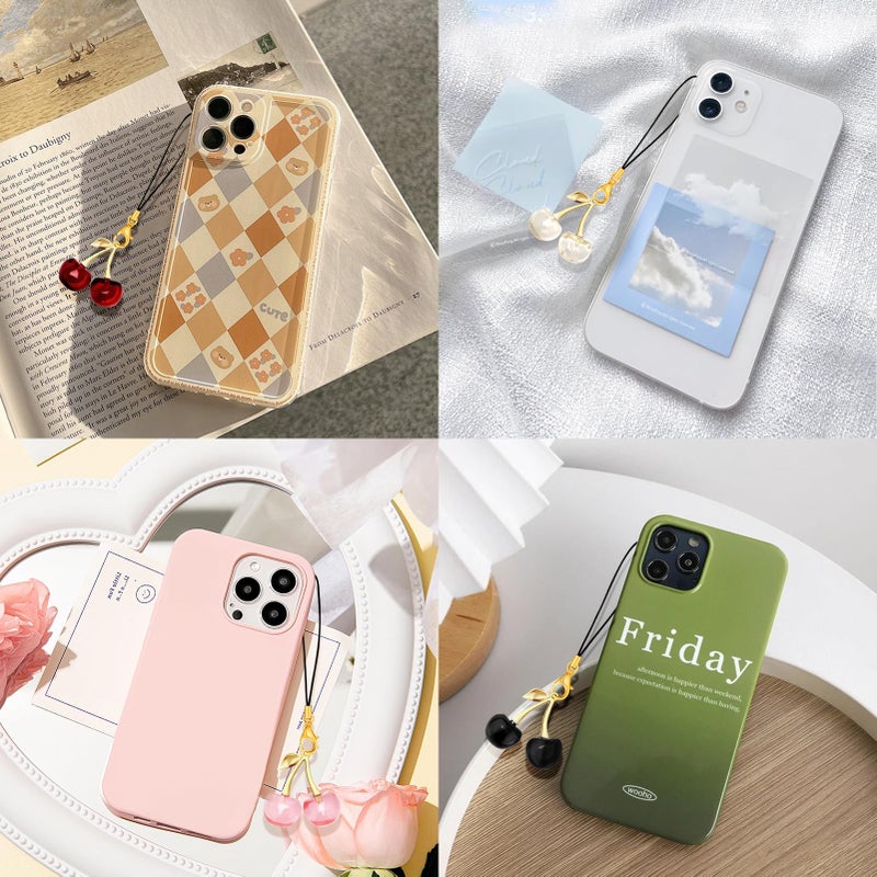 ZLSPTK 4Pcs Cute Phone Charm Cherry Cell Phone Charms for Case Kawaii Charms for Mobile Kindle Funny Car Camera Decor Kit Pink Red Black Keychain Charm Aesthetic Accessories for Bag Airpods Pendant - Image 2