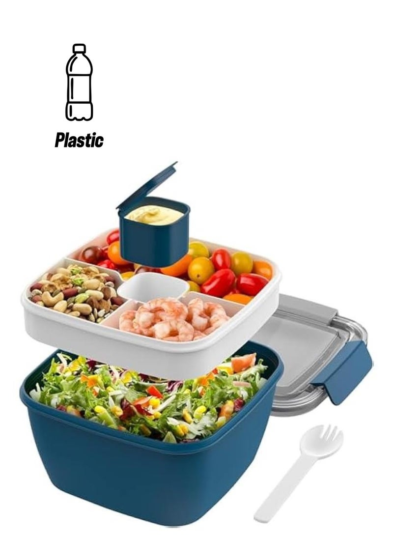 HOOKOR Salad Lunch Container To Go, 52-oz Salad Bowls with 3 Compartments, Salad Dressings Container for Salad Toppings, Snacks, Men, Women (Blue) - Image 1