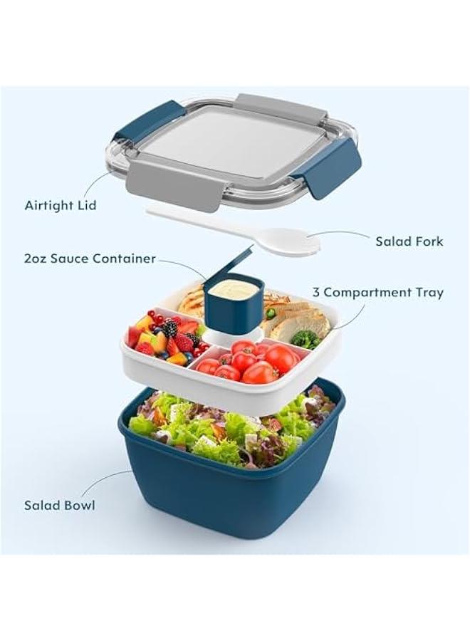HOOKOR Salad Lunch Container To Go, 52-oz Salad Bowls with 3 Compartments, Salad Dressings Container for Salad Toppings, Snacks, Men, Women (Blue) - Image 3