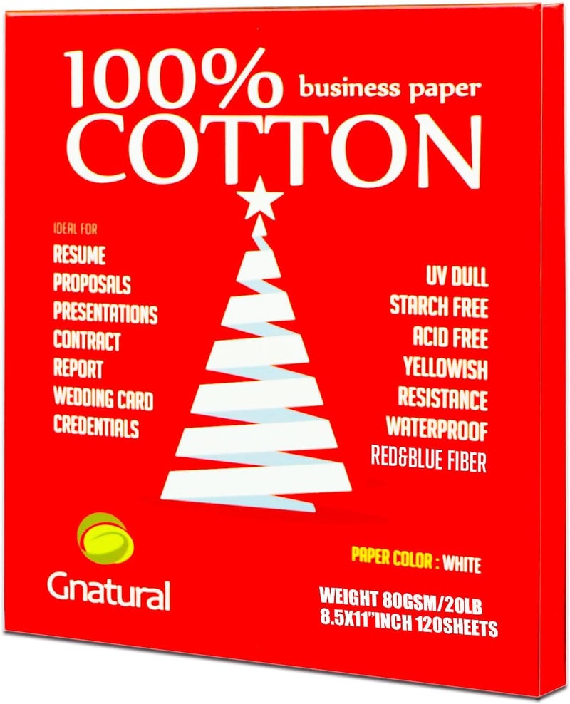 gnatural Premium 100% Cotton Business Paper, Gnatural 8.5 x 11 Inch, 20lb/80GSM Resume Paper, Contract Paper with Red & Blue Fiber, Waterproof for Inkjet and Laser Printing Paper - 120 Sheets Starch Free - Image 1