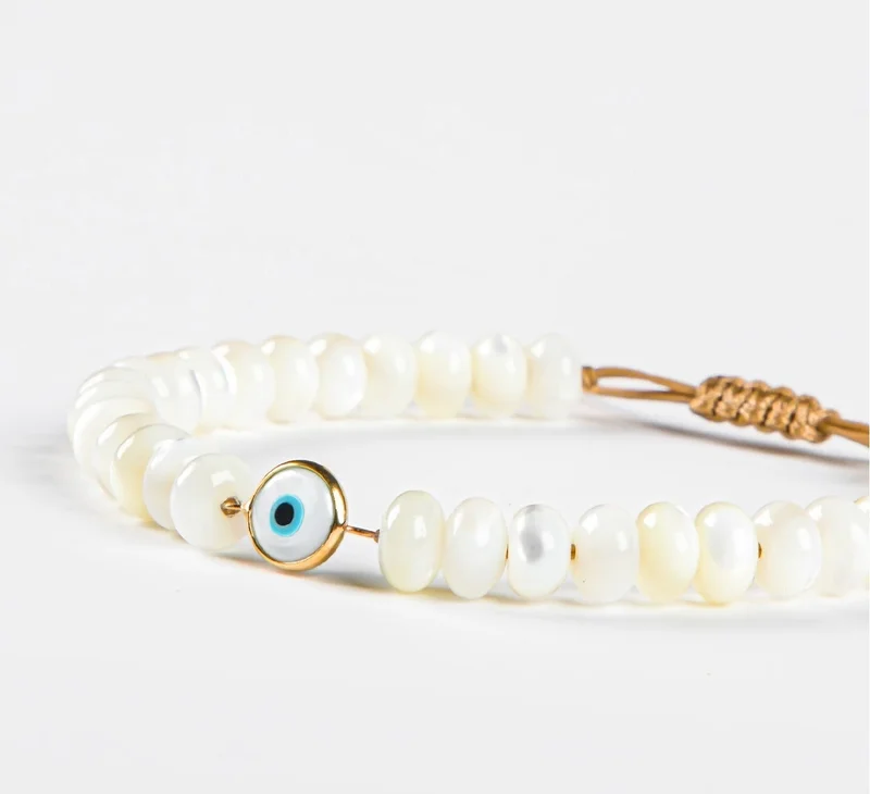 Minza  Minza “Tiara” Women’s Gold Bracelet, Pure 18K Gold Evil Eye Charm & Shell Stones, Handmade Adjustable Cord Bracelet, Jewelry for Casual & Special Occasion. for Women | Best Price UAE