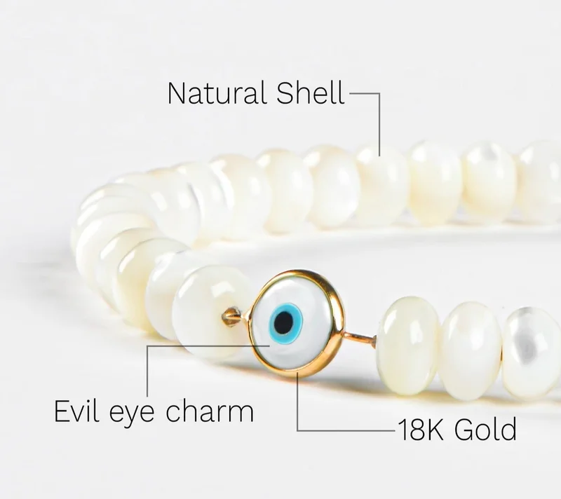 Minza  Minza “Tiara” Women’s Gold Bracelet, Pure 18K Gold Evil Eye Charm & Shell Stones, Handmade Adjustable Cord Bracelet, Jewelry for Casual & Special Occasion. for Women | Best Price UAE
