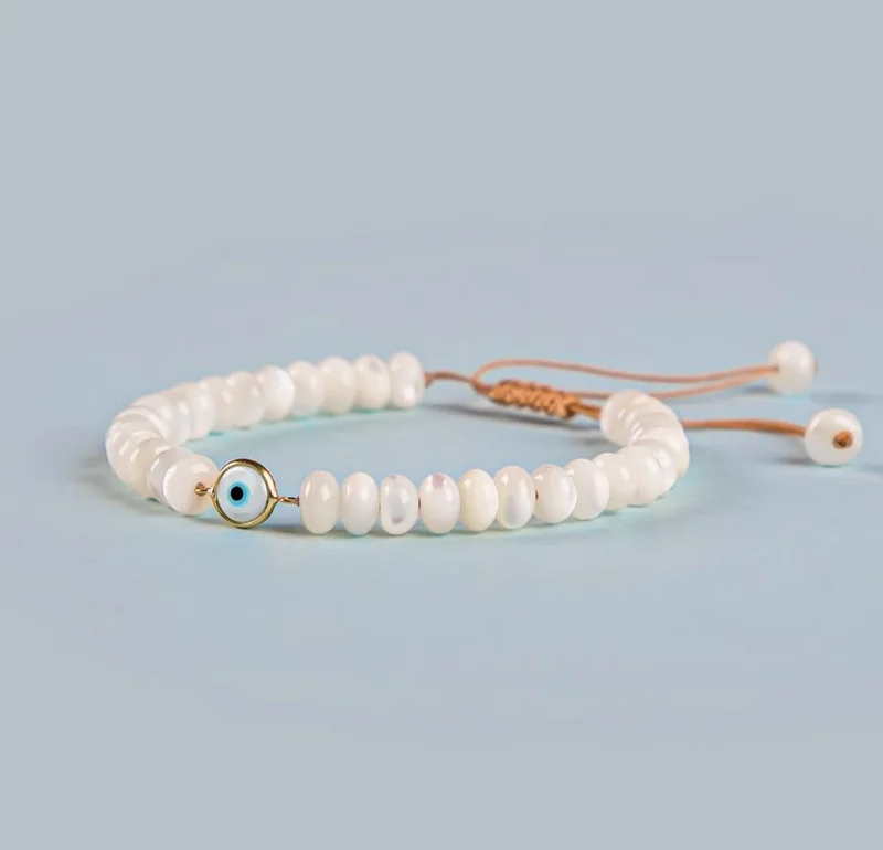 Minza  Minza “Tiara” Women’s Gold Bracelet, Pure 18K Gold Evil Eye Charm & Shell Stones, Handmade Adjustable Cord Bracelet, Jewelry for Casual & Special Occasion. for Women | Best Price UAE