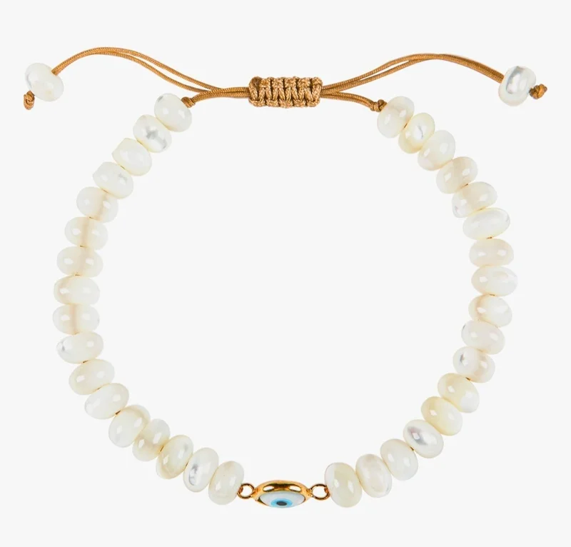 Minza  Minza “Tiara” Women’s Gold Bracelet, Pure 18K Gold Evil Eye Charm & Shell Stones, Handmade Adjustable Cord Bracelet, Jewelry for Casual & Special Occasion. for Women | Best Price UAE