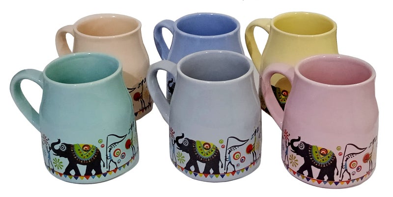 Purpledip Ceramic Mug Set Tribal Procession: Set of 6 Tea Coffee Cups, Multicolor (12539A) - Image 3