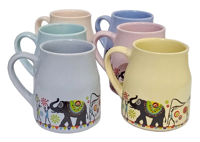 Purpledip Ceramic Mug Set Tribal Procession: Set of 6 Tea Coffee Cups, Multicolor (12539A) - Image 4