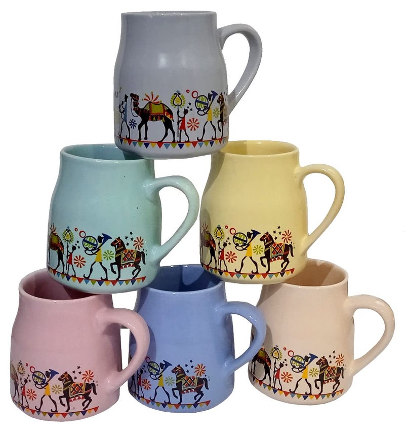 Purpledip Ceramic Mug Set Tribal Procession: Set of 6 Tea Coffee Cups, Multicolor (12539A) - Image 2