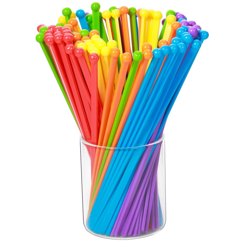 100 Pieces Disposable Plastic Round Top Crystal Swizzle Sticks Rainbow Color