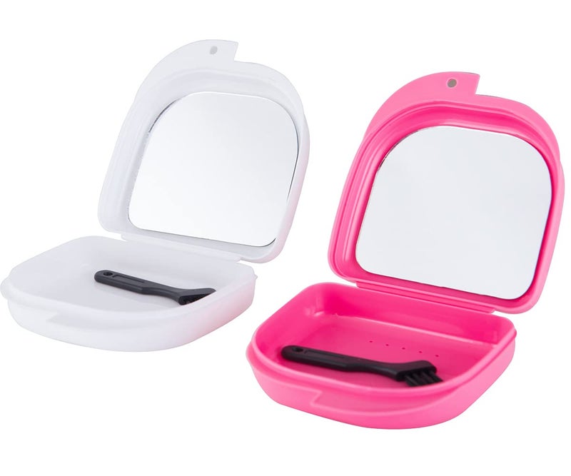 Retainer Case with Mirror Mouth Guard Case Orthodontic Dental Retainer Box Denture Storage Container Comes with a free small brush 2 Pieces