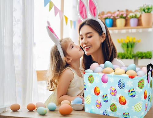 BOOHIT Rectangle Empty Easter Baskets Boy Large Toy Storage Bin Girls collapsible Hamper Waterproof Canvas Box Kid Gifts Spring Decor( Blue Creative Egg ) - Image 3