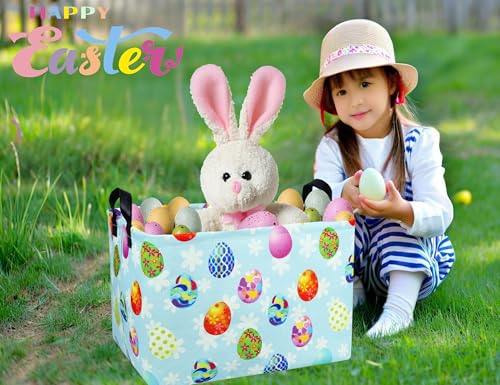BOOHIT Rectangle Empty Easter Baskets Boy Large Toy Storage Bin Girls collapsible Hamper Waterproof Canvas Box Kid Gifts Spring Decor( Blue Creative Egg ) - Image 5