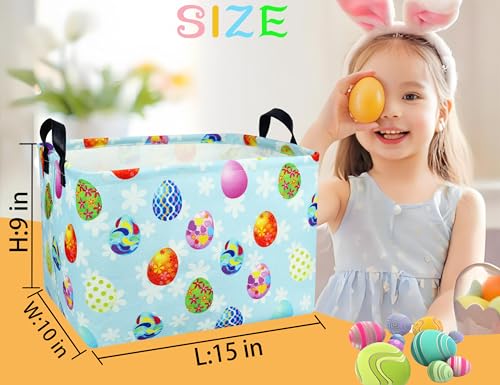 BOOHIT Rectangle Empty Easter Baskets Boy Large Toy Storage Bin Girls collapsible Hamper Waterproof Canvas Box Kid Gifts Spring Decor( Blue Creative Egg ) - Image 2