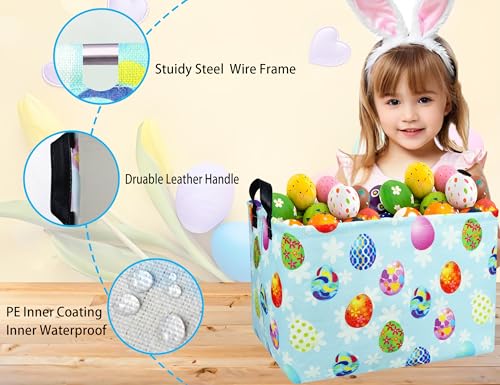 BOOHIT Rectangle Empty Easter Baskets Boy Large Toy Storage Bin Girls collapsible Hamper Waterproof Canvas Box Kid Gifts Spring Decor( Blue Creative Egg ) - Image 4