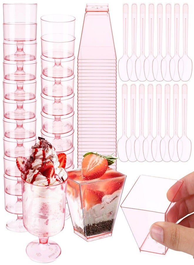 Funnymoom 100 Pack 2oz Pink Mini Dessert Cups with Spoons Small Clear Plastic Parfait Cup Square Appetizer Charcuterie Cups Round Goblet Shooters for Pudding Fruit Yogurt Ice Cream Mousse - Image 1