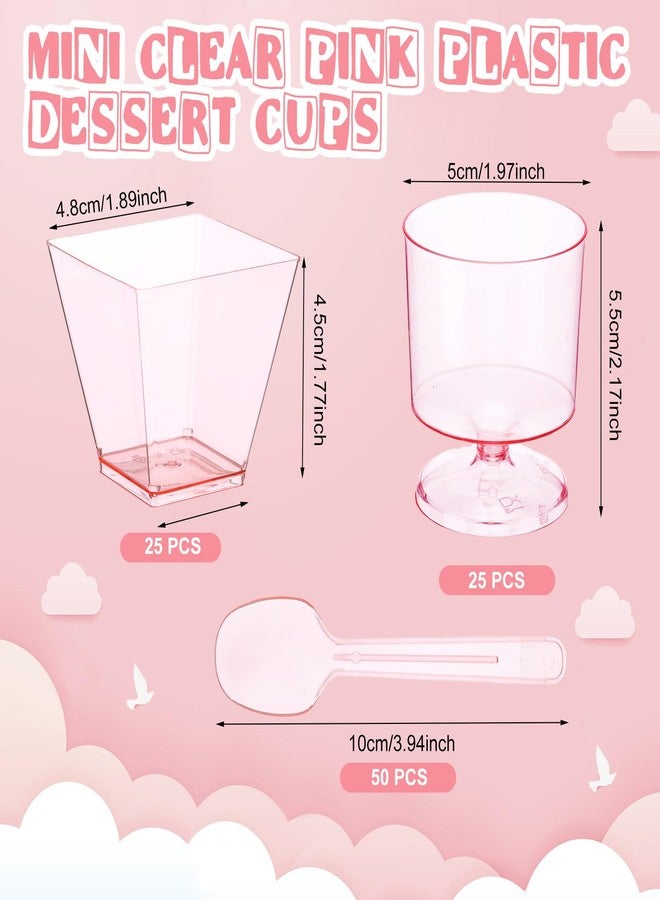 Funnymoom 100 Pack 2oz Pink Mini Dessert Cups with Spoons Small Clear Plastic Parfait Cup Square Appetizer Charcuterie Cups Round Goblet Shooters for Pudding Fruit Yogurt Ice Cream Mousse - Image 4