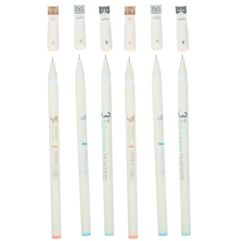 6Pcs Black 0.38mm Fine Point Gel Pens Cute Cat Pattern for School Office Writing - Image 2