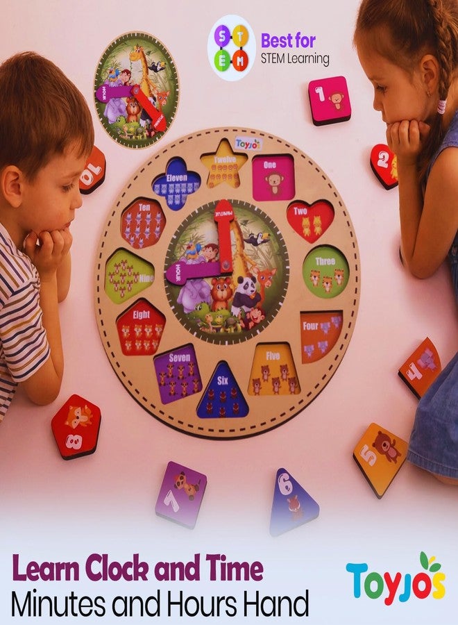 Toyjos Kids Wooden Time Learning Analog Clock | Animal-Themed Montessori Early Educational Digital Number, Shape Sorter, Color Recognition Toys | Puzzle Game Gifts for Baby, Boys, Girls (Age 3+ Years) - Image 4