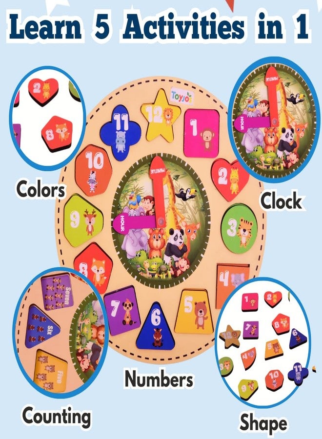 Toyjos Kids Wooden Time Learning Analog Clock | Animal-Themed Montessori Early Educational Digital Number, Shape Sorter, Color Recognition Toys | Puzzle Game Gifts for Baby, Boys, Girls (Age 3+ Years) - Image 2
