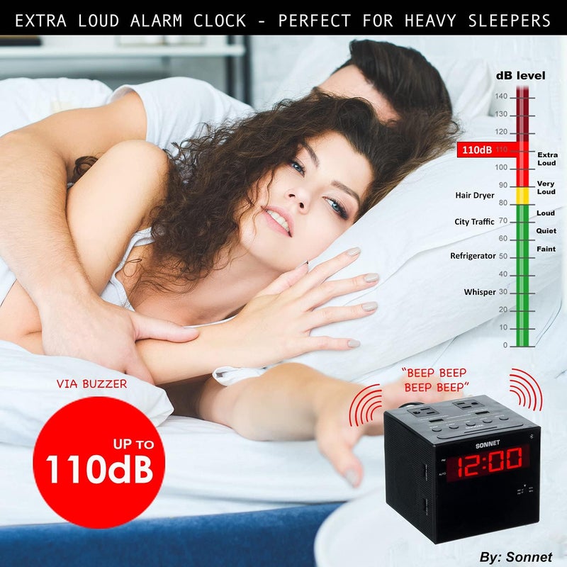 Sonnet Alarm Clock Charging Station, AM FM Radio, Dual USB Charging Ports, Dual AC Outlets, Very Loud Alarm Clock for Heavy Sleepers and The Hearing Impaired for Desk, Bedroom - Image 4
