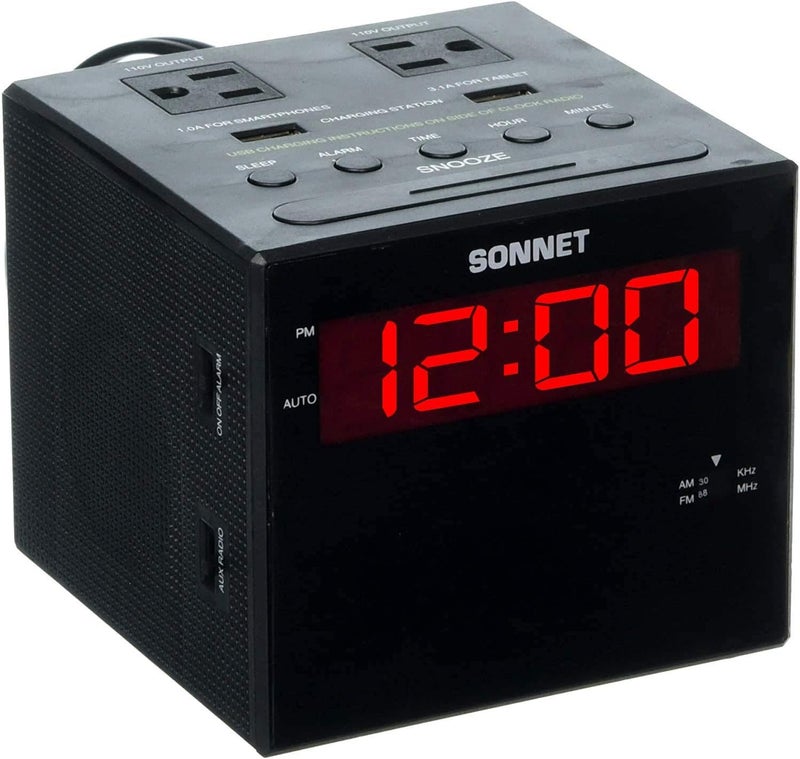 Sonnet Alarm Clock Charging Station, AM FM Radio, Dual USB Charging Ports, Dual AC Outlets, Very Loud Alarm Clock for Heavy Sleepers and The Hearing Impaired for Desk, Bedroom - Image 1