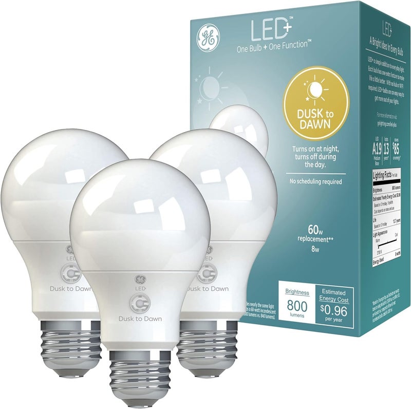 GE LED+ Dusk to Dawn A19 LED Light Bulbs, Automatic On/Off Outdoor Light, 8.5W, Soft White (3 Pack) - Image 1