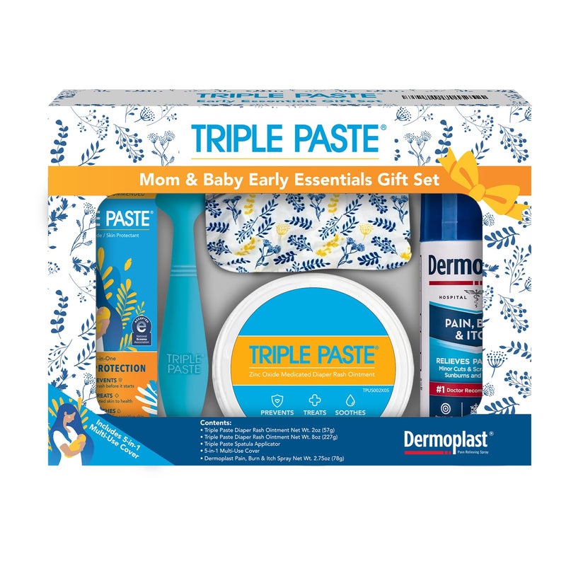 Triple Paste طقم هدايا أساسية للأم والطفل من Triple Paste مع 5 عناصر: مرهم طفح الحفاض 8 أونصات، أنبوب 2 أونصة، ملعقة تطبيق، رذاذ Dermoplast، وغطاء متعدد الاستخدامات. - Image 1