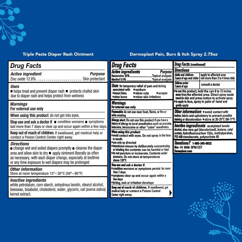 Triple Paste طقم هدايا أساسية للأم والطفل من Triple Paste مع 5 عناصر: مرهم طفح الحفاض 8 أونصات، أنبوب 2 أونصة، ملعقة تطبيق، رذاذ Dermoplast، وغطاء متعدد الاستخدامات. - Image 5