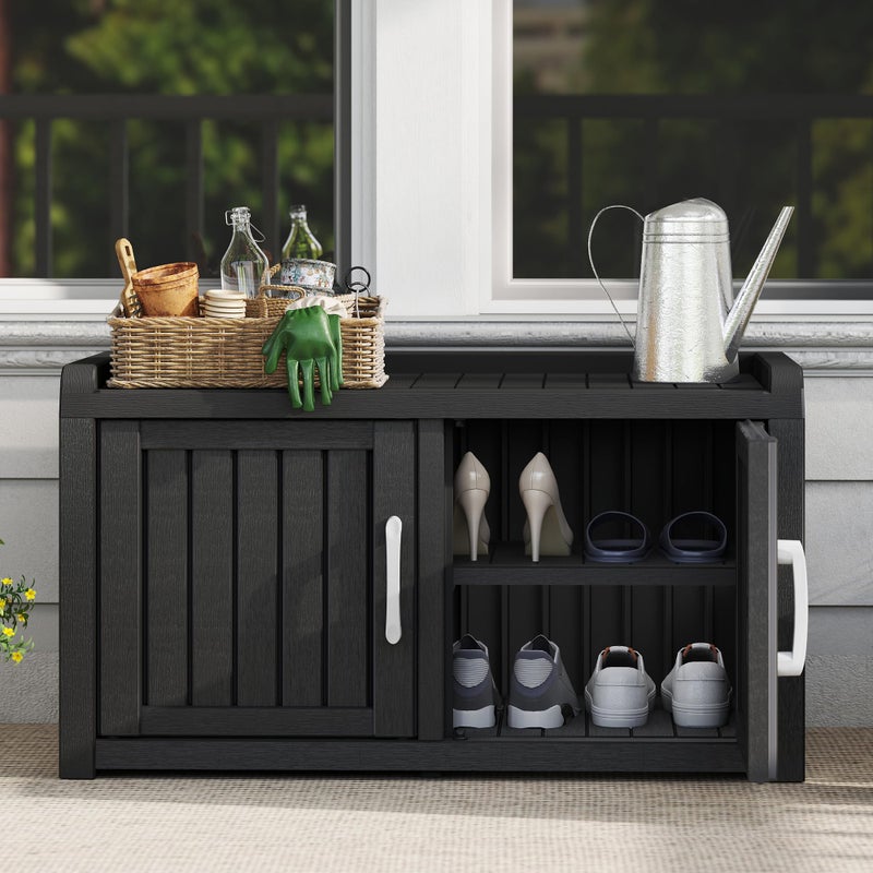 NBYSGO 2-Tier Storage Bench, Waterproof UV-Resistant Outdoor Shoe Storage Cabinet with 2 Doors & Adjustable Shelves for Indoor Outdoor Entryway, Hallway, Living Room (Midnight Black) - Image 5