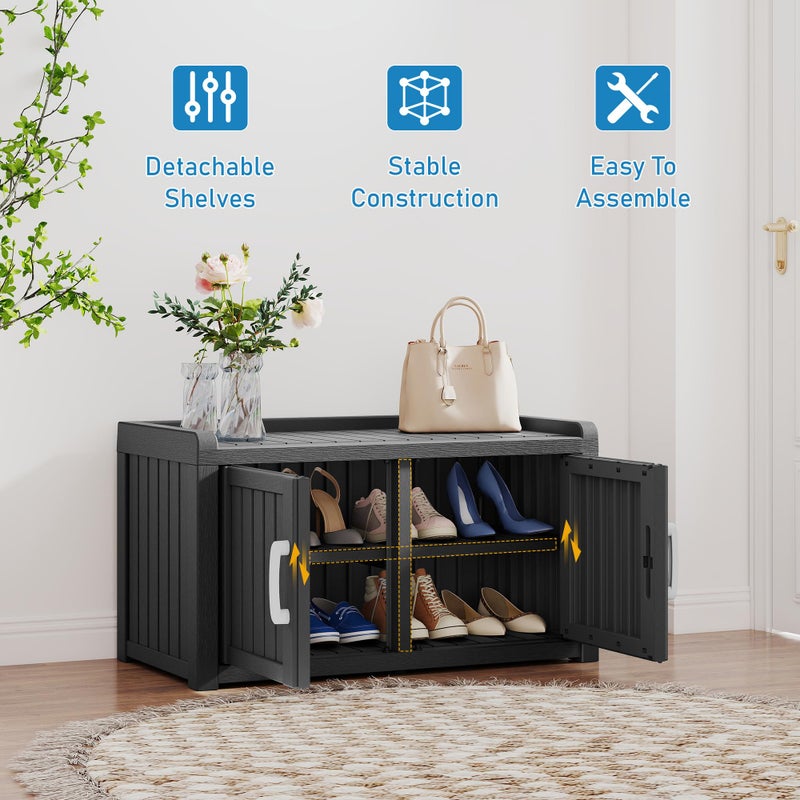 NBYSGO 2-Tier Storage Bench, Waterproof UV-Resistant Outdoor Shoe Storage Cabinet with 2 Doors & Adjustable Shelves for Indoor Outdoor Entryway, Hallway, Living Room (Midnight Black) - Image 3