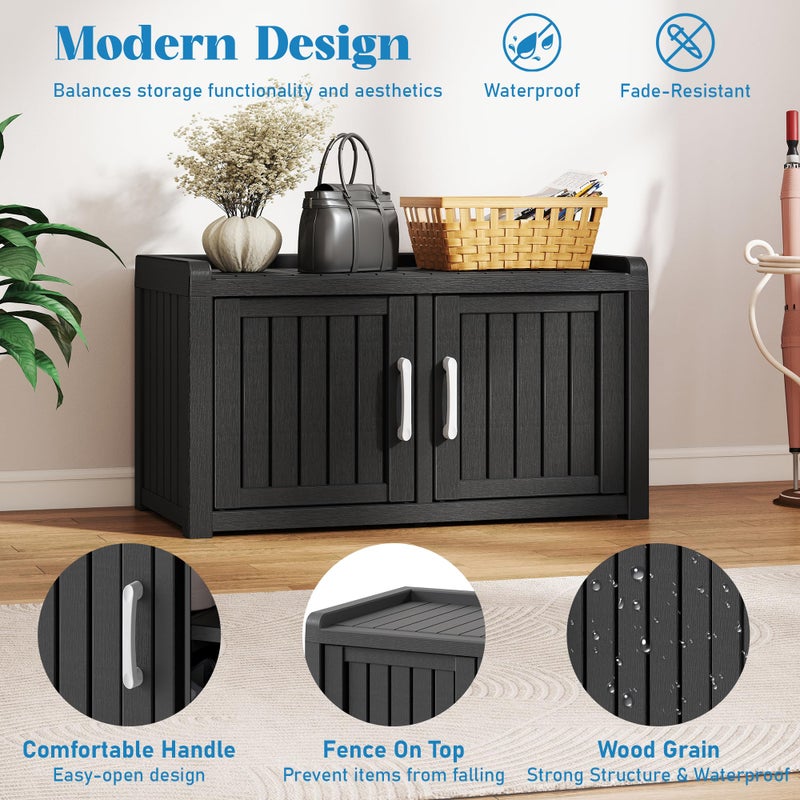 NBYSGO 2-Tier Storage Bench, Waterproof UV-Resistant Outdoor Shoe Storage Cabinet with 2 Doors & Adjustable Shelves for Indoor Outdoor Entryway, Hallway, Living Room (Midnight Black) - Image 4