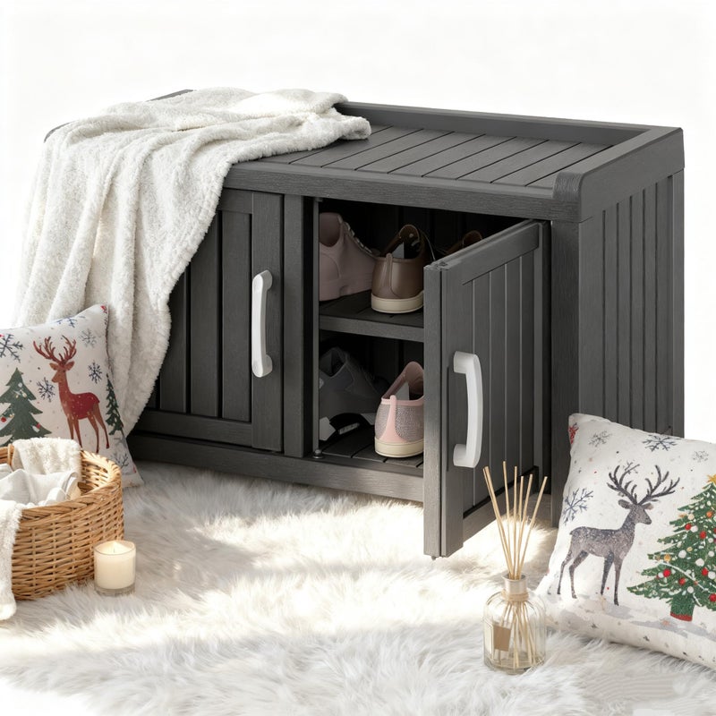 NBYSGO 2-Tier Storage Bench, Waterproof UV-Resistant Outdoor Shoe Storage Cabinet with 2 Doors & Adjustable Shelves for Indoor Outdoor Entryway, Hallway, Living Room (Midnight Black) - Image 1
