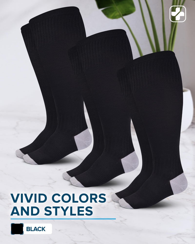 Doctor's Select 3 Pairs Plus Size Compression Socks Wide Calf | Bamboo Viscose Knee High Extra Wide Calf Compression Socks Women & Men | Black - Image 4
