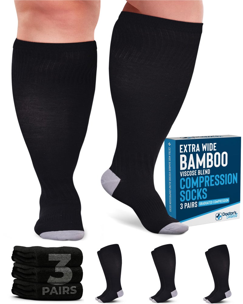 Doctor's Select 3 Pairs Plus Size Compression Socks Wide Calf | Bamboo Viscose Knee High Extra Wide Calf Compression Socks Women & Men | Black - Image 1