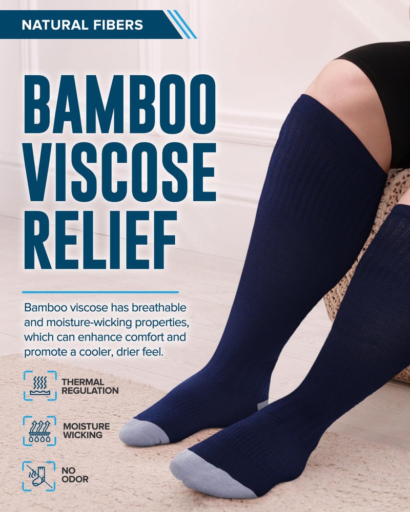 Doctor's Select 3 Pairs Plus Size Compression Socks Wide Calf | Bamboo Viscose Knee High Extra Wide Calf Compression Socks Women & Men | Black - Image 2
