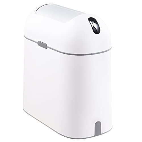 ELPHECO Bathroom Trash Can, 2.5 Gallon Motion Sensor Waterproof Trash Bin with Butterfly lid, Bathroom Decor Waste Basket Garbage Bin for Bedroom Kitchen and Office use, White with Grey Button - Image 1