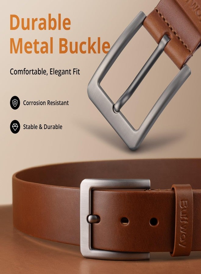 Buffway Mens Belt Heavy Duty Italian Leather Causal Dress Belts for Men with Classic Buckle - 50” Tan - Image 3