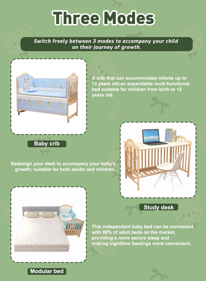 MaBaby Baby Wooden Bed, Movable Beside Crib With Double Decker, Multifunctional Cradle For Newborn Toddlers With Changing Table - Image 5