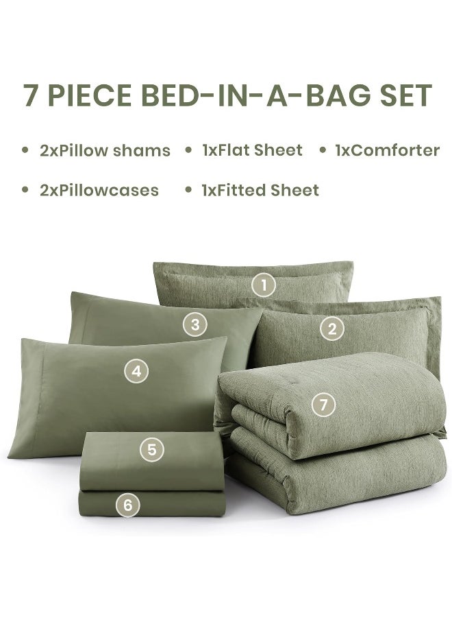 Generic - Monbix Queen Size Comforter Set, Sage Green Bedding Comforter for Queen Size Bed Set Reversible, Queen Comforter Set 7 Pieces, Cationic Dyeing Bed in a Bag with Comforter, Sheets, Pillowcases & Shams - Image 1