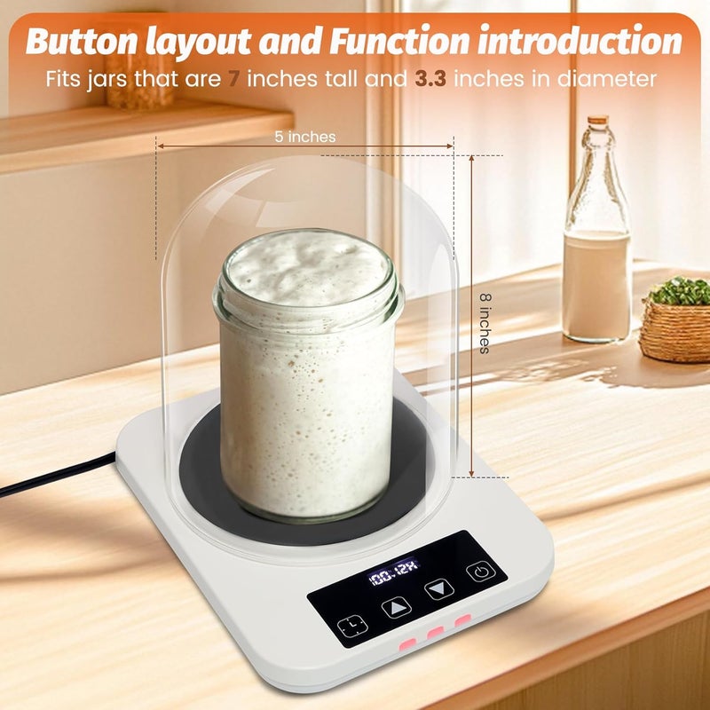 Yendse Sourdough Starter Warmer with Glass Dome, Precise 1°F Thermostat Control (70-100°F), Sourdough Warmer and Dome for Home Baking,12h Timer Auto Warming On/Off Sourdough Warming Mat - Image 3