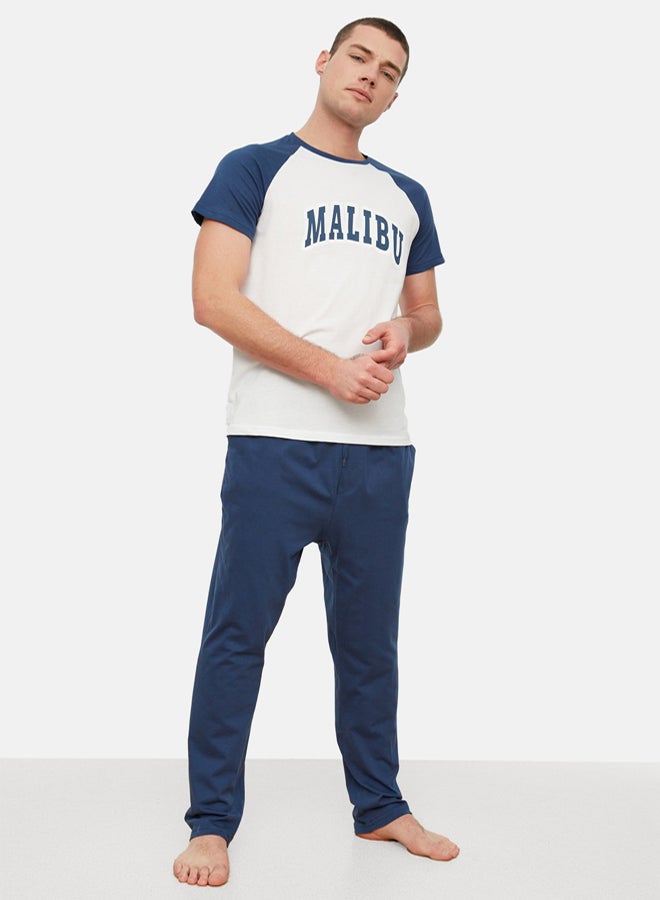 trendyol Navy Blue 100% Cotton Regular Fit Knitted Pajamas Set - Image 2