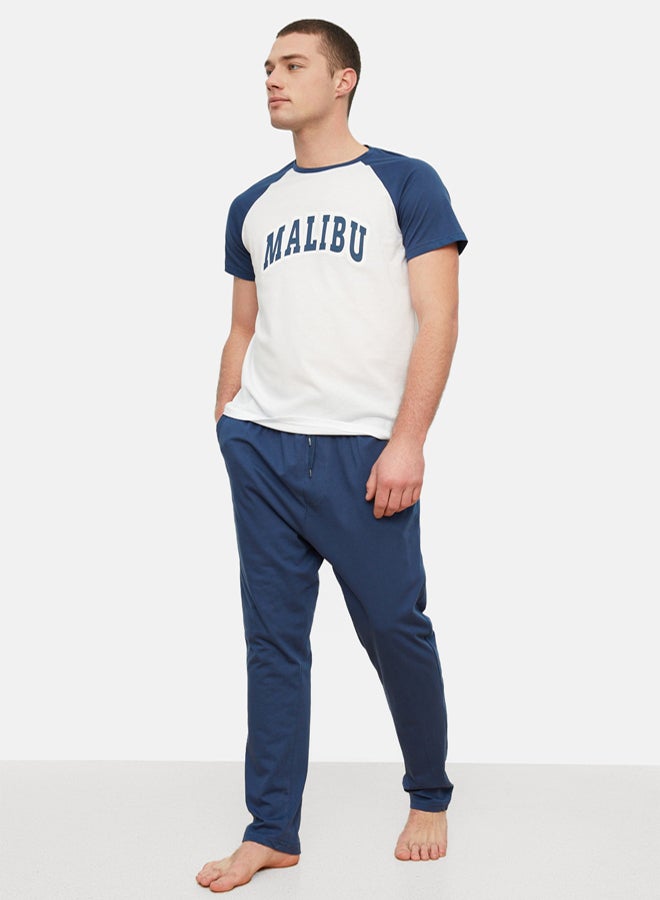 trendyol Navy Blue 100% Cotton Regular Fit Knitted Pajamas Set - Image 1