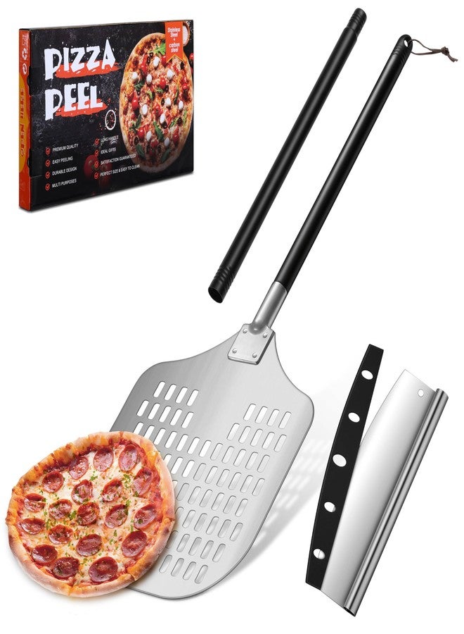 Joyfair 12 Inch Perforated Pizza Peel Aluminum Pizzas Spatula, Joyfair 12’’ x 14’’ Metal Pizza Paddle with Rocker Cutter Pizza Oven Accessories Turning Tool Set, Easy Cleanup (Detachable Handle) - Image 1