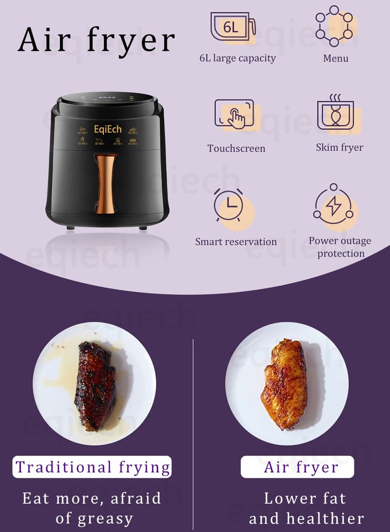 ايكي ايك مقلاة هوائية، سعة كبيرة 6 لتر، مقلاة هوائية ذكية بشاشة تعمل باللمس، وظيفة إيقاف التشغيل التلقائي، قاعدة غير لاصقة، مغذية وقليلة الدهون، أكل صحي، أسود، 1500 وات - Image 2