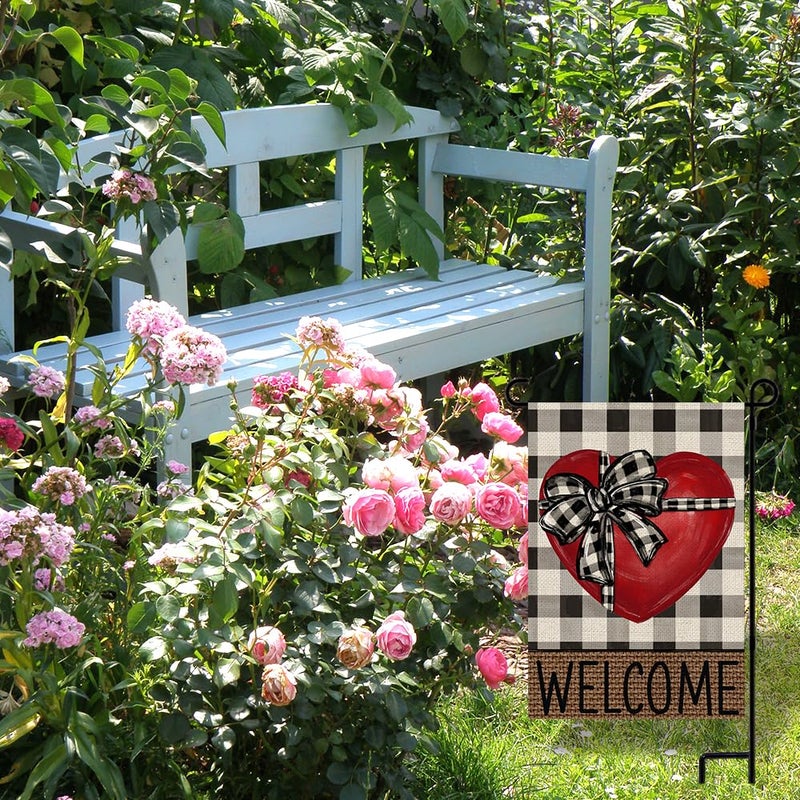 Vellibring Valentine Welcome Garden Flag 12Ã—18 Valentines Day Double Sided Garden Flag Red Love Heart Buffalo Plaid Burlap Flag Yard Outdoor Farmhouse Porch Anniversary Wedding Decor - Image 4