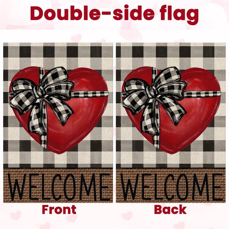 Vellibring Valentine Welcome Garden Flag 12Ã—18 Valentines Day Double Sided Garden Flag Red Love Heart Buffalo Plaid Burlap Flag Yard Outdoor Farmhouse Porch Anniversary Wedding Decor - Image 3