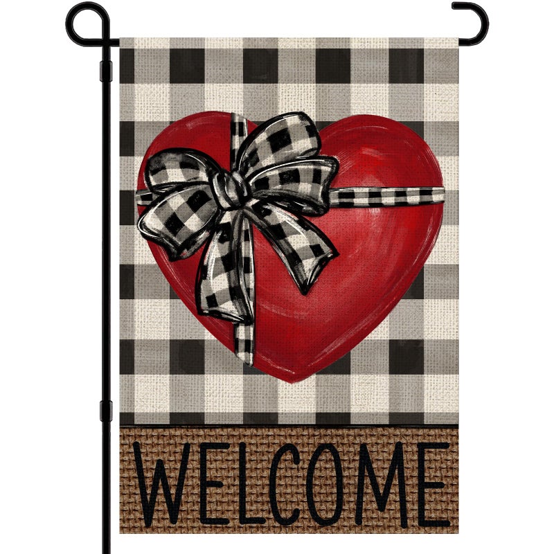 Vellibring Valentine Welcome Garden Flag 12Ã—18 Valentines Day Double Sided Garden Flag Red Love Heart Buffalo Plaid Burlap Flag Yard Outdoor Farmhouse Porch Anniversary Wedding Decor - Image 1
