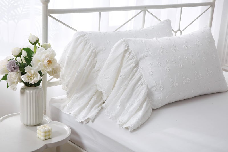 Meaning4 Ivory Lolita 3D Flowers Pillow Shams with Long Ruffles 100% Cotton Off White Lace Pillowcases Queen Size 30"X20" 2-Pack - Image 1