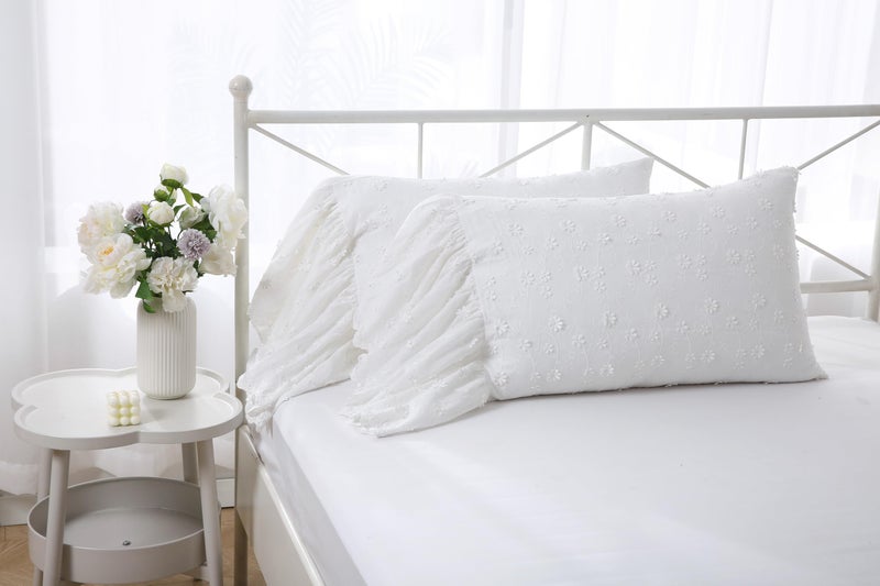 Meaning4 Ivory Lolita 3D Flowers Pillow Shams with Long Ruffles 100% Cotton Off White Lace Pillowcases Queen Size 30"X20" 2-Pack - Image 4