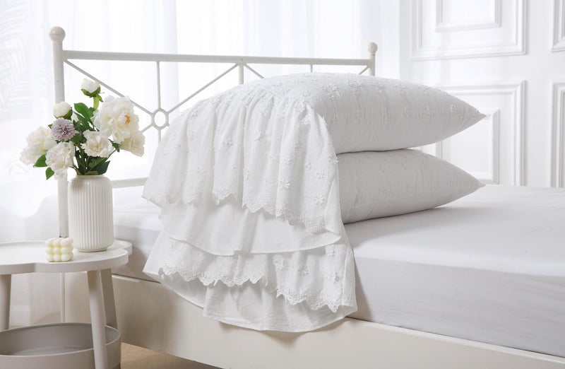 Meaning4 Ivory Lolita 3D Flowers Pillow Shams with Long Ruffles 100% Cotton Off White Lace Pillowcases Queen Size 30"X20" 2-Pack - Image 2