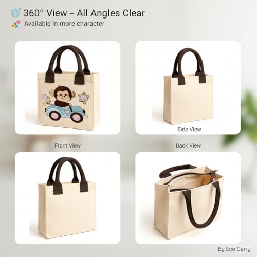 ECOCARRY Kids Lunch Bag | Cute & Stylish Embroidery Mini Tiffin Bag for Boys & Girls | Cute Cotton Cartoon Design | Picnic Tuition School, Preschool & Playschool | Gift for Birthday (Monkey) - Image 3